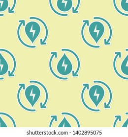 Green Recycle clean aqua icon isolated seamless pattern on yellow background. Water recycling energy symbol. Drop of water with recycling. Water refresh arrows. Vector Illustration