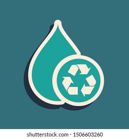 Green Recycle clean aqua icon isolated on blue background. Drop of water with sign recycling. Long shadow style. Vector Illustration