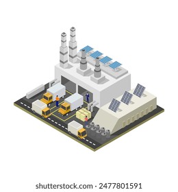 Fábrica de reciclaje verde isométrica ilustrada sobre fondo blanco