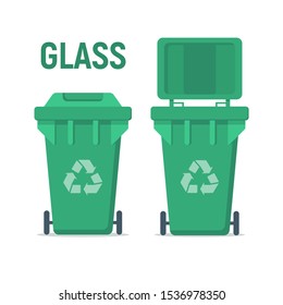 Green recycle garbage bin for glass. For Illustration, banner, Icons and recycle related activities. Separation of waste cans for recycling, reuse, reduce. Waste management concept. 