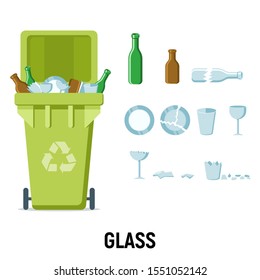Green recycle garbage bin for glass set. For banner, flyer. Separation of waste cans for recycling, reuse, reduce. Throw away the glass in correct trash can. Bottles, plates, glassful,  splinters