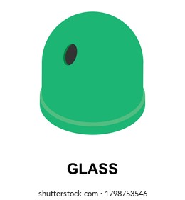 Green recycle garbage bin for glass. Separation of waste cans for recycling, reuse, reduce. Throw away the glass in correct trash can. Bottles, plates, glassful, splinters