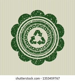 Green recycle icon inside distressed with rubber seal texture