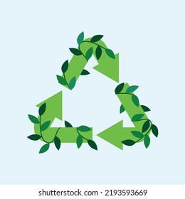 Green recycle icon with leaves. Vector illustration flat design style. 