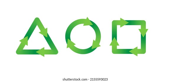 Green recycle icon set isolated on white. Triangle, square and round shape reuse renew arrow circle icons. Ecology, environment, zero waste, eco friendly symbol signs for packaging design. Flat vector