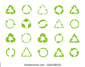 Green recycle icons. Set of symbols recycling. Vector arrows.