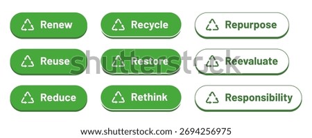 Green recycle labels icon set with sustainability words reduce reuse renew rethink restore and repurpose for eco design and environmental awareness. Vector illustration for waste management projects 