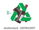 Green recycle logo or icon circle around Glass bottles and glass fragments to promote the Global Recycling Day waste separation campaign, vector 3d illustration isolated on white background for design