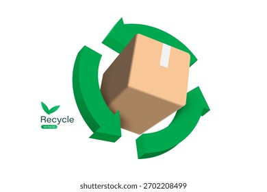 Green recycle logo or icon circle around a cardboard box or paper box to promote the Global Recycling Day waste separation campaign, vector 3d illustration isolated on white background for design