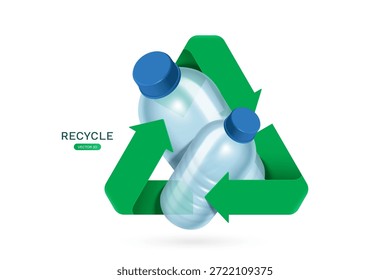Logotipo verde del reciclaje o círculo del icono alrededor de la botella de plástico para promover la campaña global de la separación de los residuos del día de reciclaje, ilustración 3d del Vector aislada en el fondo blanco para el diseño