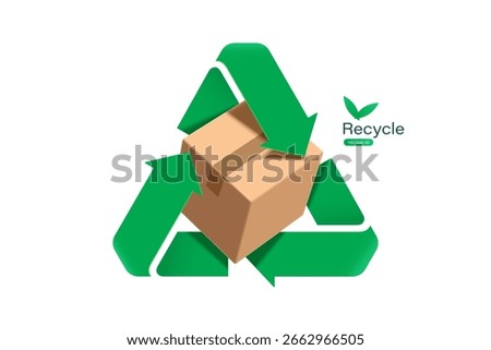 Green recycle logo or icon circle around a cardboard box or paper box to promote the Global Recycling Day waste separation campaign, vector 3d illustration isolated on white background for design