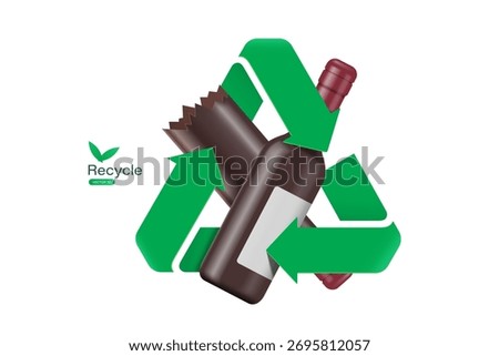 Green recycle logo or icon circle around Glass bottles and glass fragments to promote the Global Recycling Day waste separation campaign, vector 3d illustration isolated on white background for design