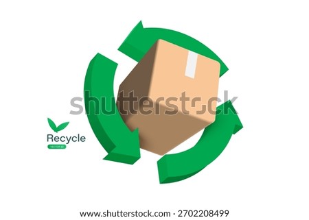 Green recycle logo or icon circle around a cardboard box or paper box to promote the Global Recycling Day waste separation campaign, vector 3d illustration isolated on white background for design