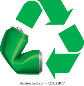 Green recycle logo icon with crushed can vector visual . Drawn with mesh tool. Fully adjustable & scalable