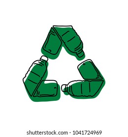 green recycle logo made of used bottle vector illustration sketch hand drawn with black lines isolated on white background
