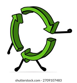 Caractere de laço de reciclagem verde em uma pose de caminhada. Mascote ecológico para temas de sustentabilidade, conteúdo ambiental, educação ecológica e gráficos digitais divertidos