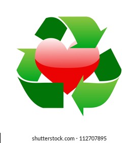 Green recycle sign around red glossy heart on white