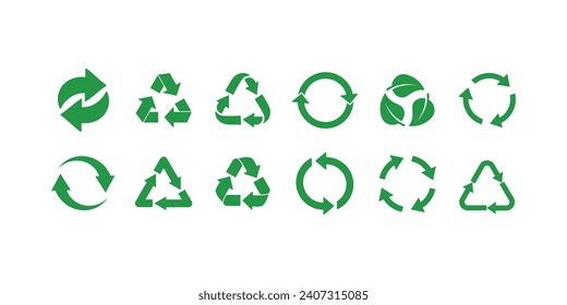 Green Recycle sign. Recycle icon symbol vector. Recycling and rotation arrow icon packsymbol isolated.