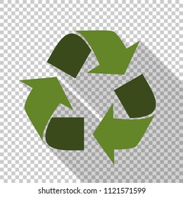 Green recycle sign with long shadow on transparent background