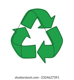 Green recycle sign - one line continuous drawing style. Recycling icon - vector single line illustration for recycle bin. Green ecology symbol isolated on white background