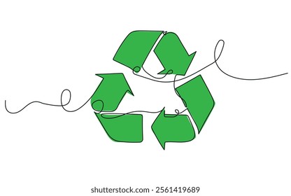 Green recycle sign - one line continuous drawing style. Recycling icon - vector single line illustration for recycle bin. Green ecology symbol isolated on white background.