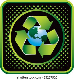 green recycle symbol around earth on black web button