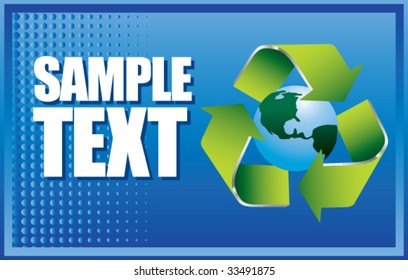 green recycle symbol around earth icon on blue halftone banner