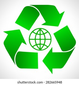 Green recycle symbol. Globe vector.