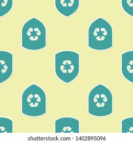 Green Recycle symbol inside shield icon isolated seamless pattern on yellow background. Eco protection sign. Vector Illustration