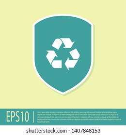 Green Recycle symbol inside shield icon isolated on yellow background. Eco protection sign. Vector Illustration