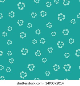 Green Recycle symbol and leaf icon isolated seamless pattern on green background. Environment recyclable go green.  Vector Illustration
