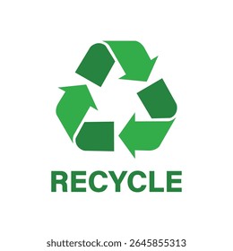 Grünes Recyclingsymbol mit drei Pfeilen in Dreiecksform und fett gedrucktem Recyclingtext. Umweltfreundliches Vektorsymbol für Umwelt, Nachhaltigkeit, Abfallwirtschaft und Verpackung.