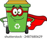 Green Recycle Trash Bin Cartoon Character SuperHero. Vector Hand Drawn Illustration Isolated On Transparent Background