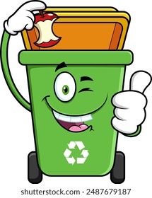 Green Recycle Trash Bin Cartoon Character Throws Apple Stump And Giving The Thumbs Up. Vector Hand Drawn Illustration Isolated On Transparent Background