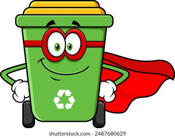 Green Recycle Trash Bin Cartoon Character SuperHero. Vector Hand Drawn Illustration Isolated On Transparent Background