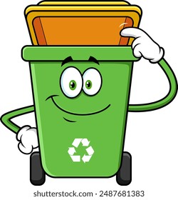 Green Recycle Trash Bin Cartoon Character  Pointing To A Open Lid. Vector Hand Drawn Illustration Isolated On Transparent Background