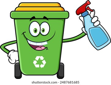 Green Recycle Trash Bin Cartoon Character Holding Disinfectant Spray Bottle. Vector Hand Drawn Illustration Isolated On Transparent Background