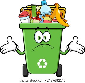 Green Recycle Trash Bin Cartoon Character Full With Garbage And Open Arms. Vector Hand Drawn Illustration Isolated On Transparent Background