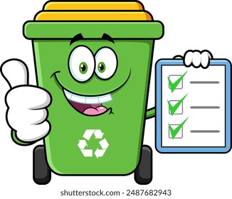 Green Recycle Trash Bin Cartoon Character Giving The Thumbs Up And Holding A Clipboard. Vector Hand Drawn Illustration Isolated On Transparent Background