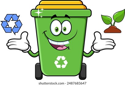 Green Recycle Trash Bin Cartoon Character Showing Recycle Signs. Vector Hand Drawn Illustration Isolated On Transparent Background