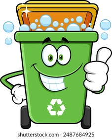Green Recycle Trash Bin Cartoon Character Cleaning And Giving The Thumbs Up. Vector Hand Drawn Illustration Isolated On Transparent Background