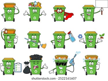 Green Recycle Trash Bin Cartoon Character. Vector Hand Drawn Collection Set Isolated On Transparent Background