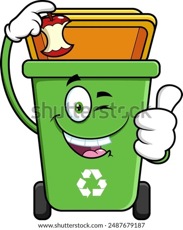 Green Recycle Trash Bin Cartoon Character Throws Apple Stump And Giving The Thumbs Up. Vector Hand Drawn Illustration Isolated On Transparent Background