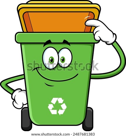 Green Recycle Trash Bin Cartoon Character  Pointing To A Open Lid. Vector Hand Drawn Illustration Isolated On Transparent Background