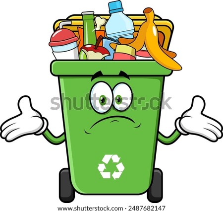 Green Recycle Trash Bin Cartoon Character Full With Garbage And Open Arms. Vector Hand Drawn Illustration Isolated On Transparent Background