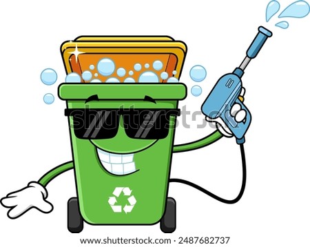 Green Recycle Trash Bin Cartoon Character Holding A Washer Gun. Vector Hand Drawn Illustration Isolated On Transparent Background