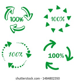 Green recycle vector icon with calligraphic 100% text
