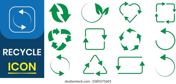 Green recycle vector icon. Recycle, reuse and reduce icons. Recycle packaging, ecology, eco friendly, environmental management symbols. Vector illustration.