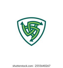 Green Recycle Waste Arrow Cycle in Shield Shape, Keep Environment Clean and Safe Logo Design Vector