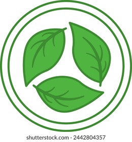 Green Recycled Fabrics Icon. Label for Eco-friendly Clothing. Vector Round Badge, Sticker, Logo, Stamp, and Tag for Organic Product Packaging